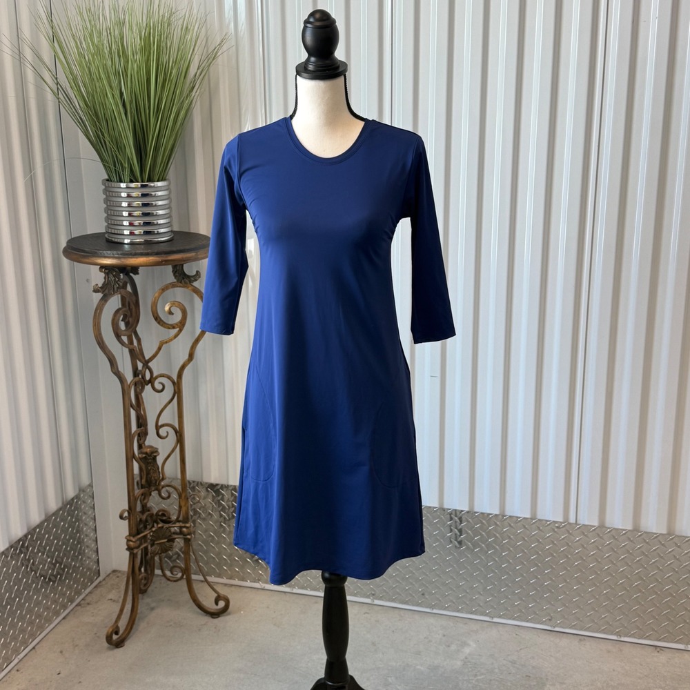Southwind Apparel A-Line Dress Womens Small Navy Blue EUC 3/4 Sleeve Pockets USA